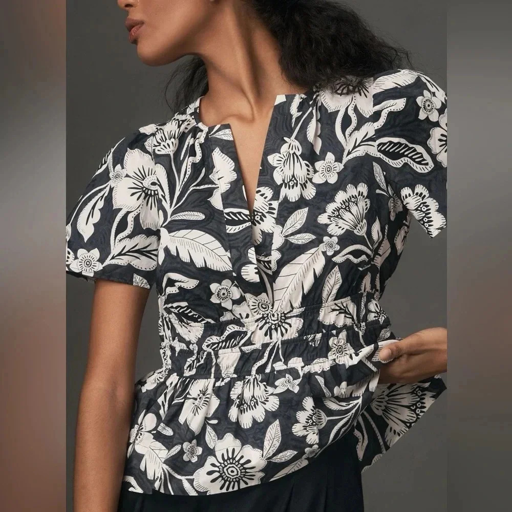 Anthropologie The Somerset Blouse Black & White Floral V-Neck Puff Sleeve Peplum - Picture 11 of 11